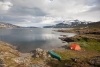Schöner Übernachtungsplatz auf einer kleinen Insel mit Blick auf den Sulitelma-Gletscher